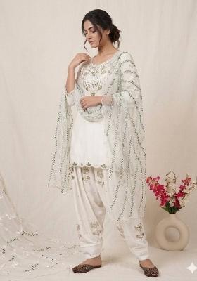 White Sequin Work Satin Kurta Set
