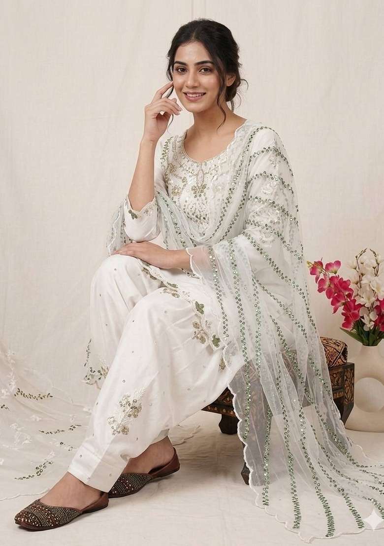 White Sequin Work Satin Kurta Set - Indya