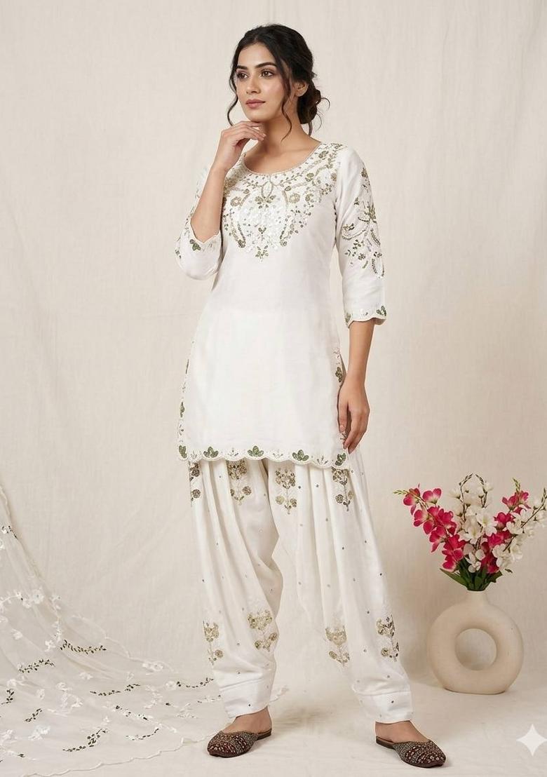 White Sequin Work Satin Kurta Set - Indya