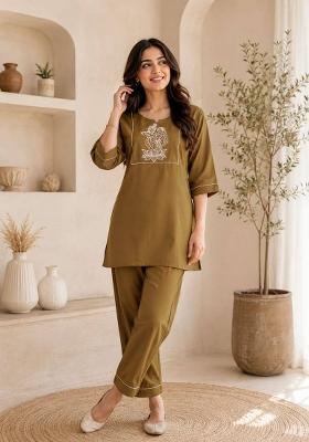 Golden Embroidery Cotton Kurta Set