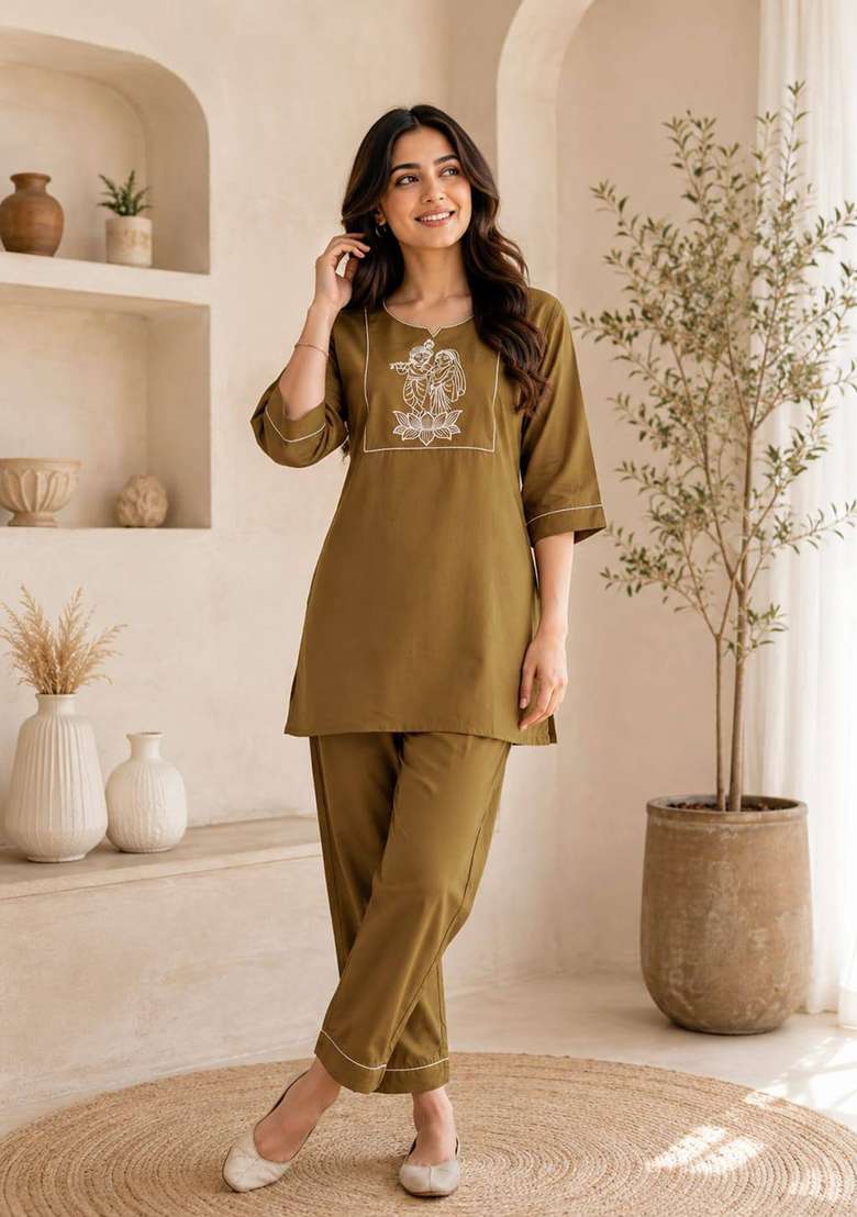 Golden Embroidery Cotton Kurta Set - Indya