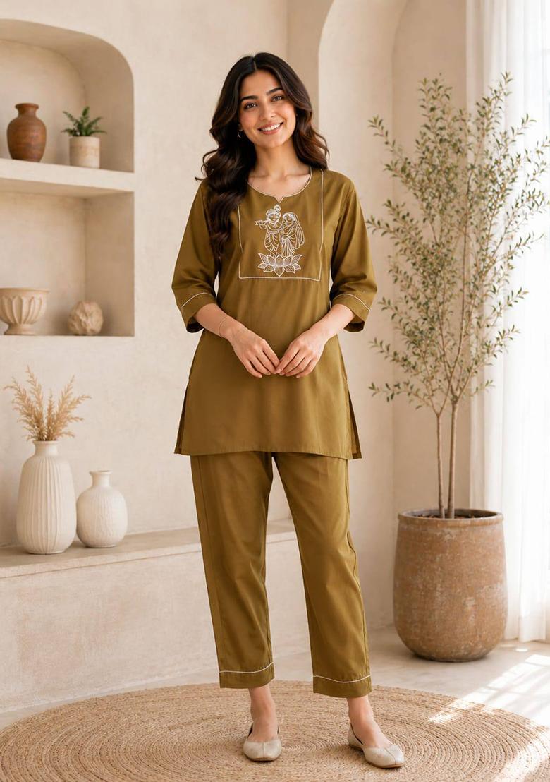 Golden Embroidery Cotton Kurta Set - Indya
