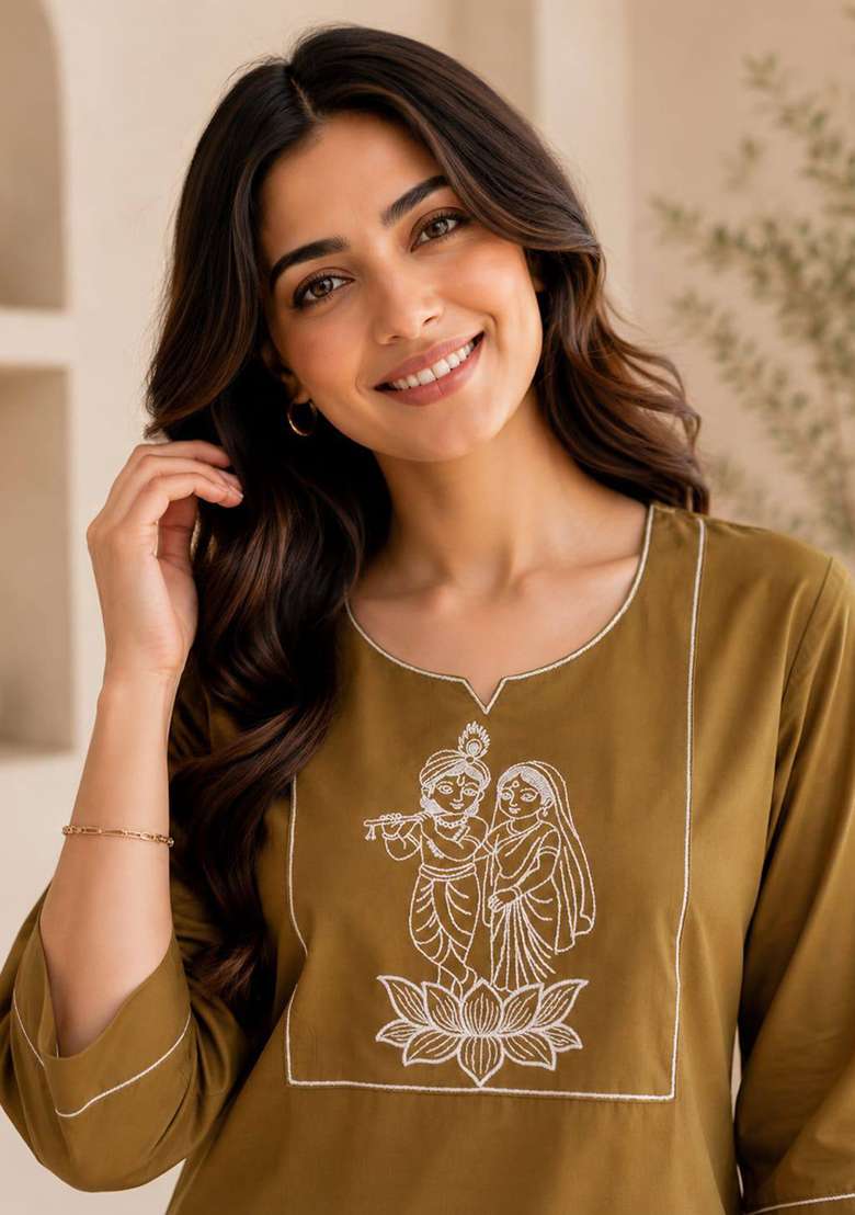 Golden Embroidery Cotton Kurta Set - Indya