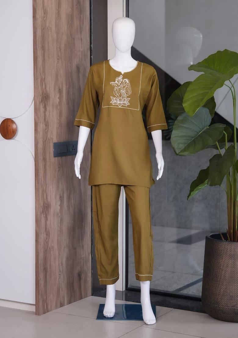 Golden Embroidery Cotton Kurta Set - Indya