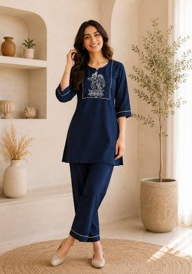 Navy Blue Embroidery Cotton Kurta Set