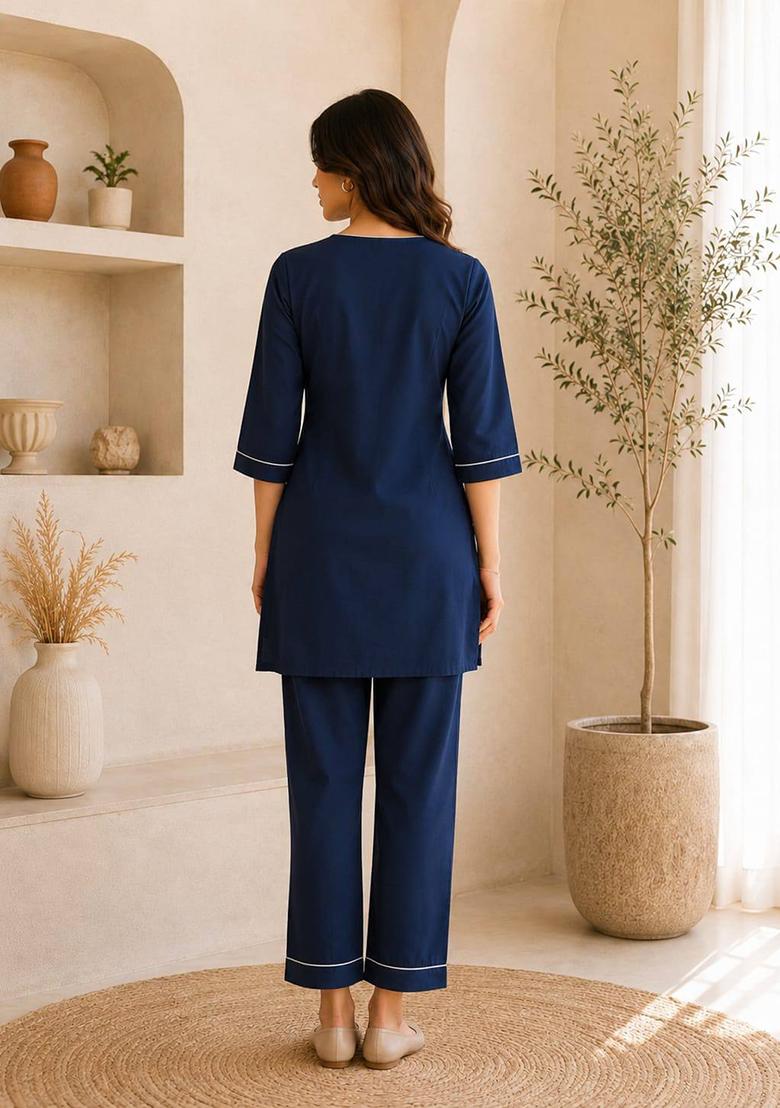 Navy Blue Embroidery Cotton Kurta Set - Indya