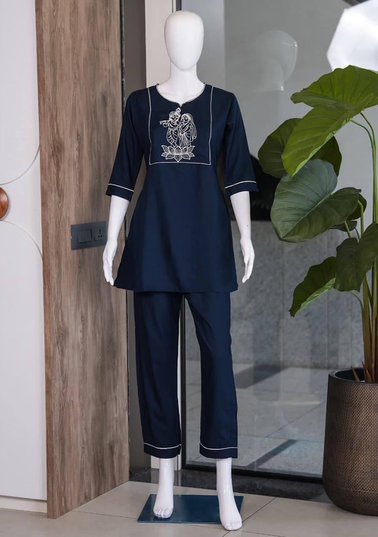 Navy Blue Embroidery Cotton Kurta Set - Indya