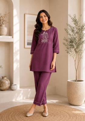 Onion Pink Embroidery Cotton Kurta Set