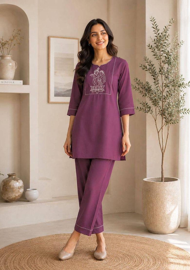 Onion Pink Embroidery Cotton Kurta Set - Indya