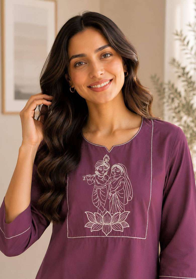 Onion Pink Embroidery Cotton Kurta Set - Indya