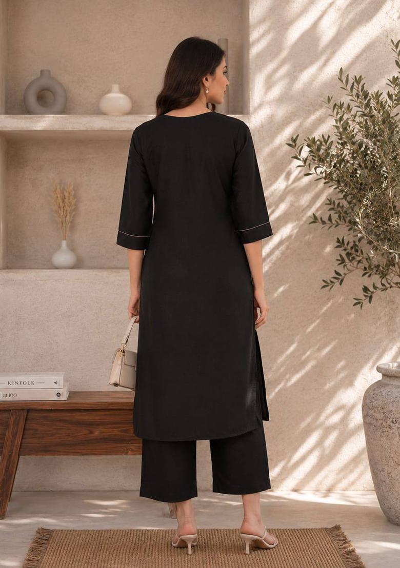 Black Embroidery Cotton Kurta Set - Indya