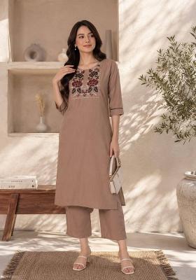 Brown Embroidery Cotton Kurta Set