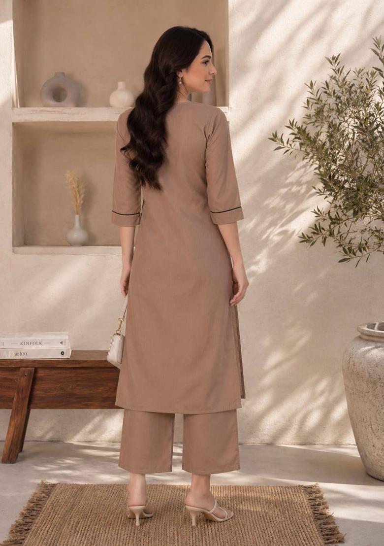 Brown Embroidery Cotton Kurta Set - Indya