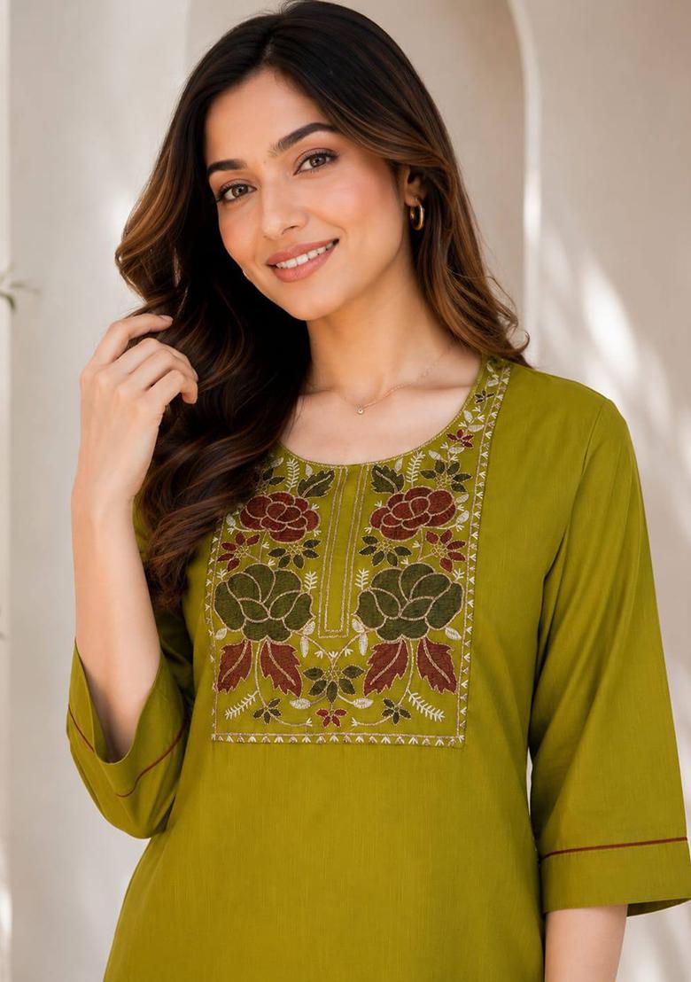 Olive Embroidery Cotton Kurta Set - Indya