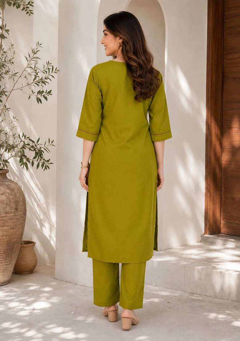 Olive Embroidery Cotton Kurta Set - Indya
