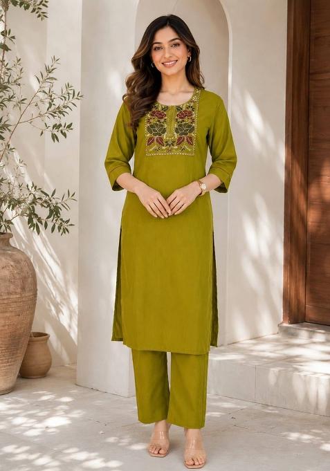 Olive Embroidery Cotton Kurta Set