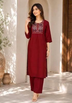 Maroon Embroidery Cotton Kurta Set