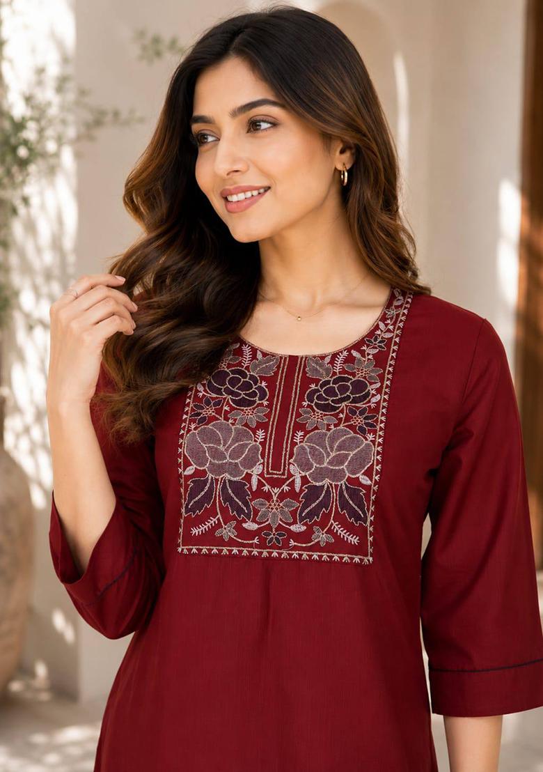 Maroon Embroidery Cotton Kurta Set - Indya