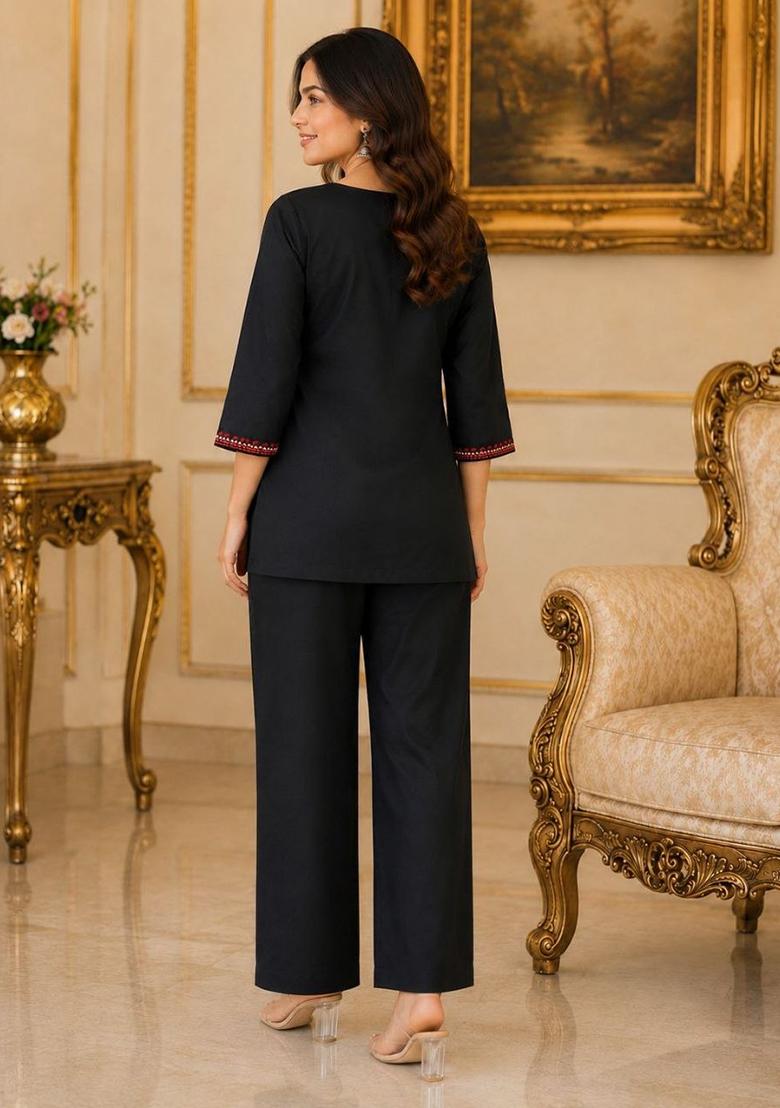 Black Embroidery Rayon Kurta Set - Indya