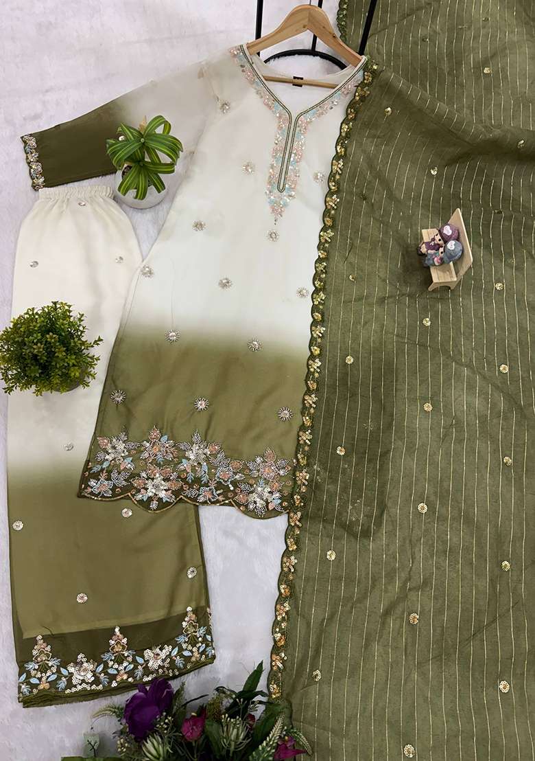 Mehendi Embroidery Georgette Kurta Set - Indya