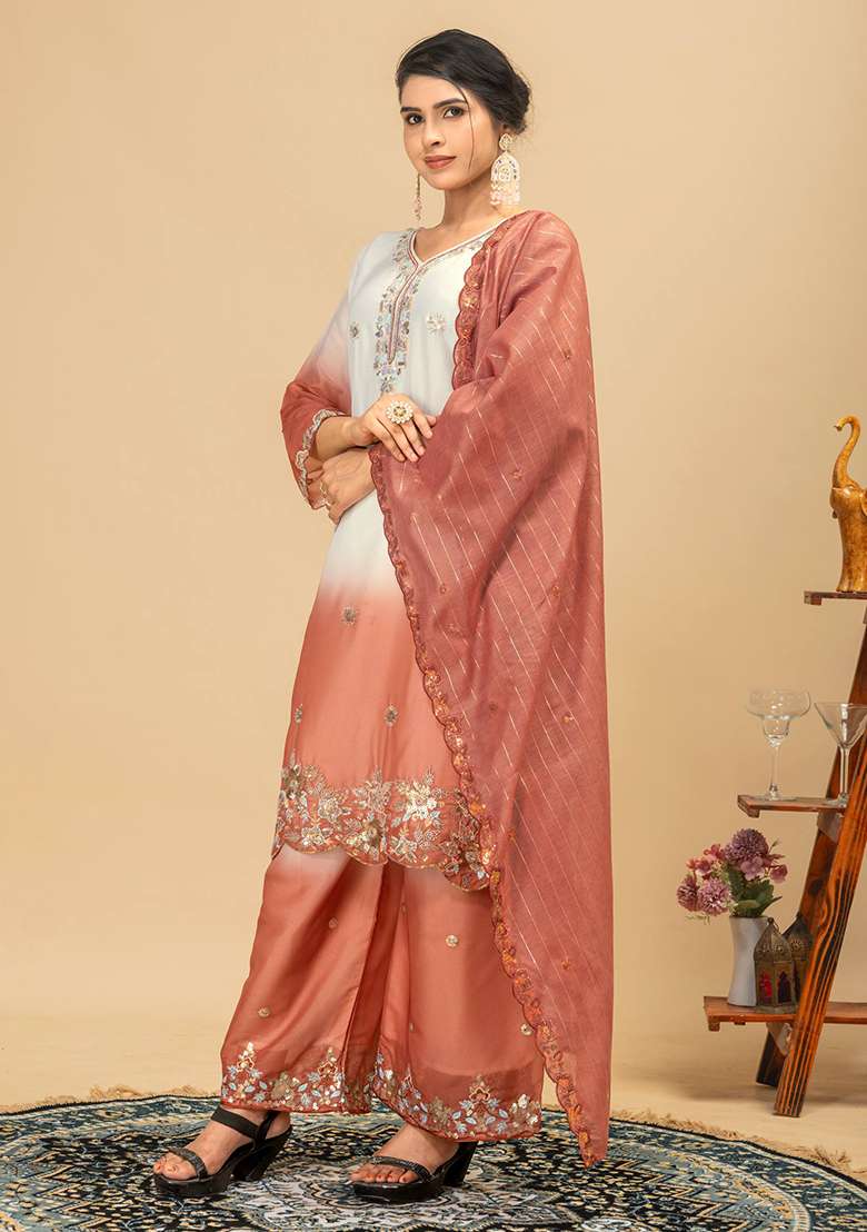 Orange Embroidery Georgette Kurta Set - Indya