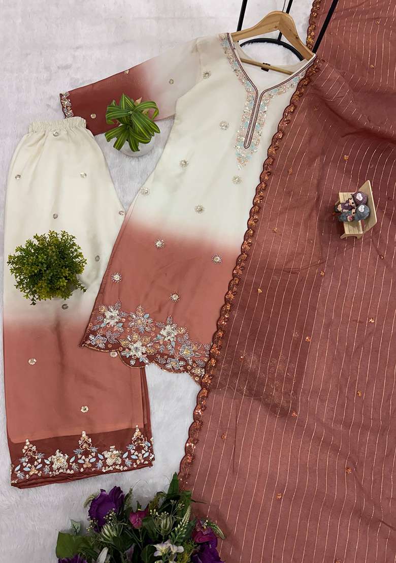 Orange Embroidery Georgette Kurta Set - Indya