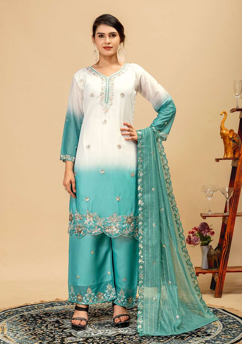Sky Blue Embroidery Georgette Kurta Set - Indya