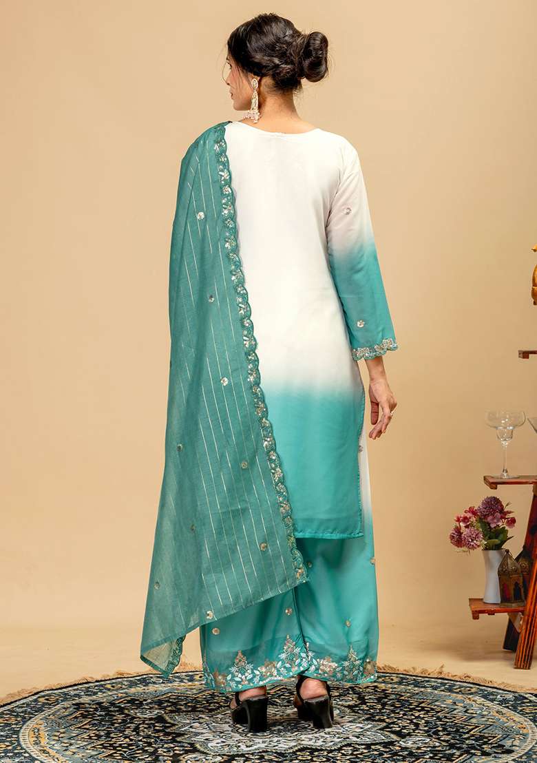 Sky Blue Embroidery Georgette Kurta Set - Indya
