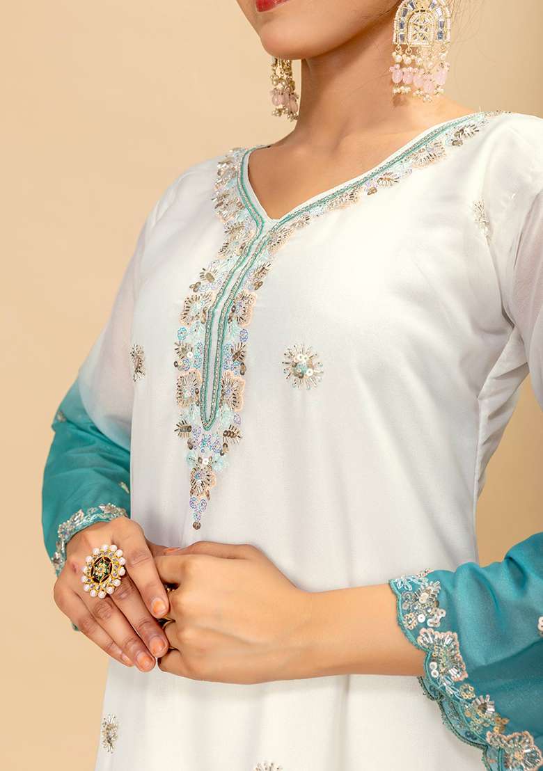 Sky Blue Embroidery Georgette Kurta Set - Indya