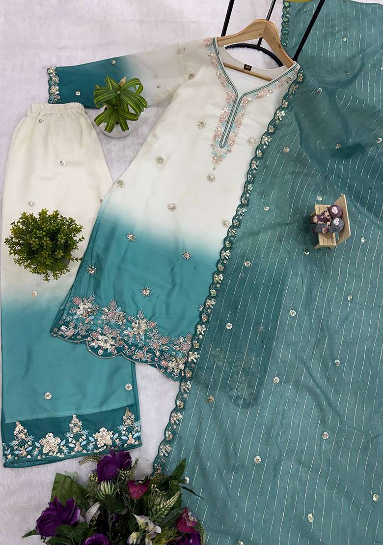 Sky Blue Embroidery Georgette Kurta Set - Indya