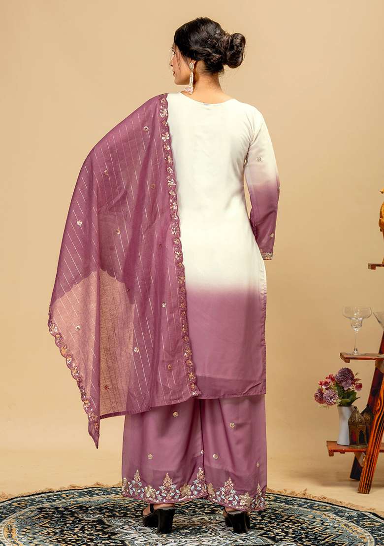 Wine Embroidery Georgette Kurta Set - Indya