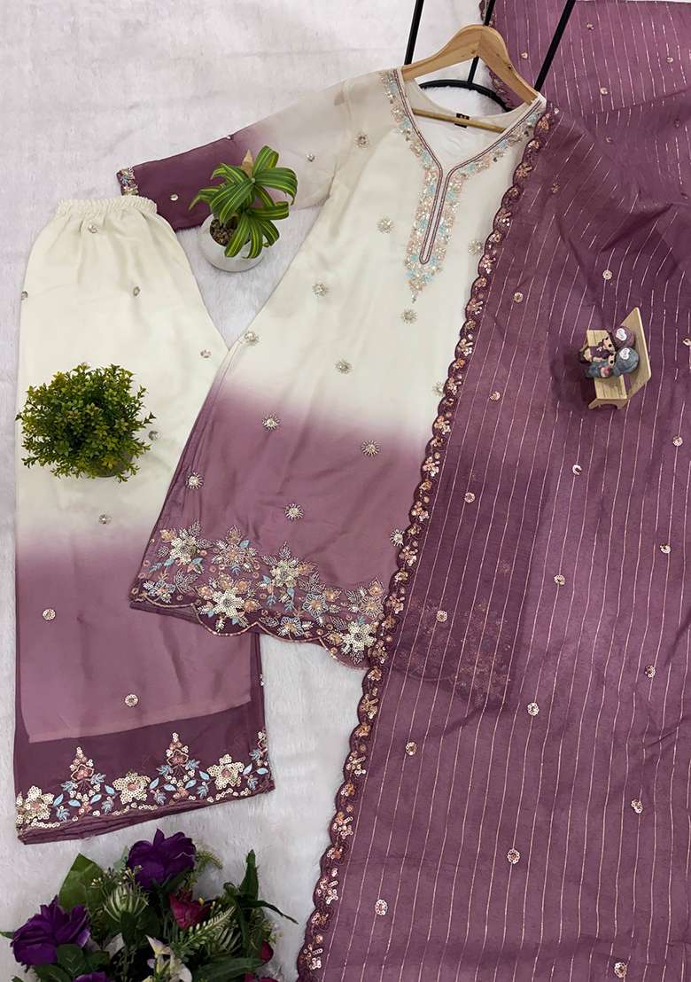 Wine Embroidery Georgette Kurta Set - Indya