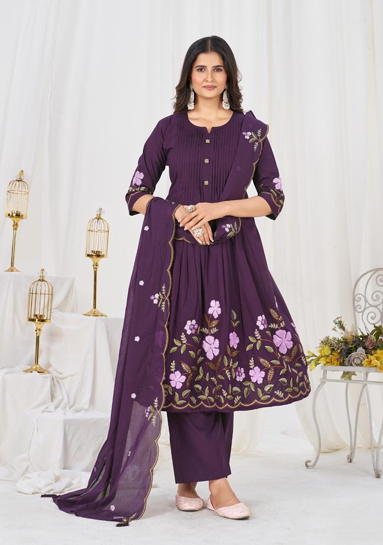 Wine Embroidery Cotton Kurta Set - Indya