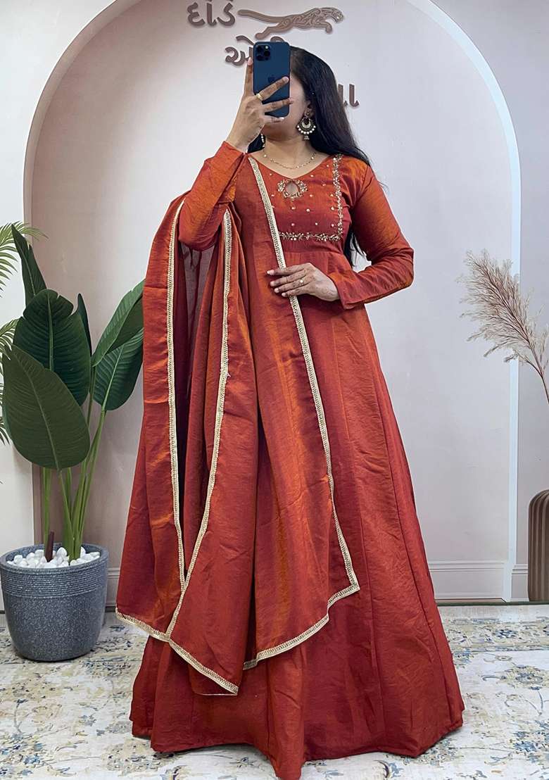 Orange Hand Woven Silk Gown With Dupatta - Indya