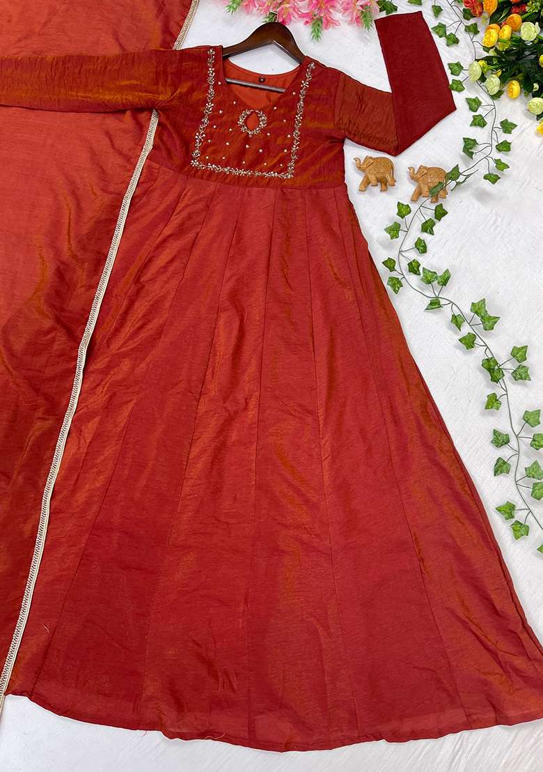 Orange Hand Woven Silk Gown With Dupatta - Indya