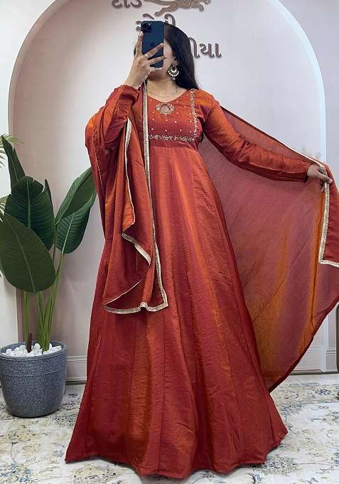 Orange Hand Woven Silk Gown With Dupatta