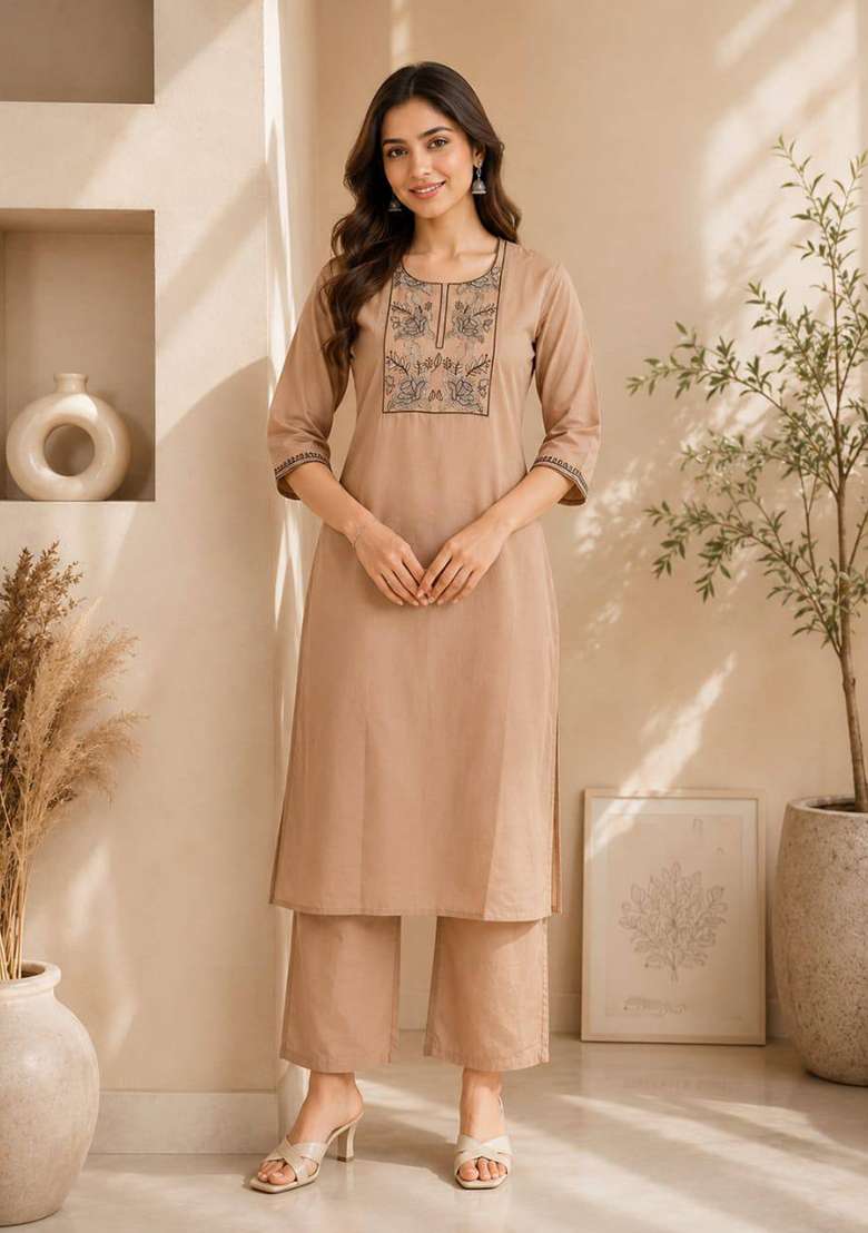Cream Embroidery Cotton Kurta Set - Indya