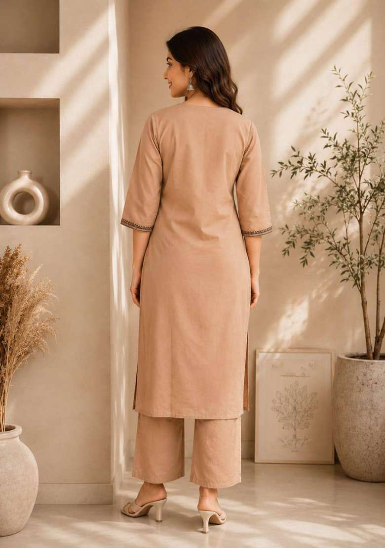 Cream Embroidery Cotton Kurta Set - Indya