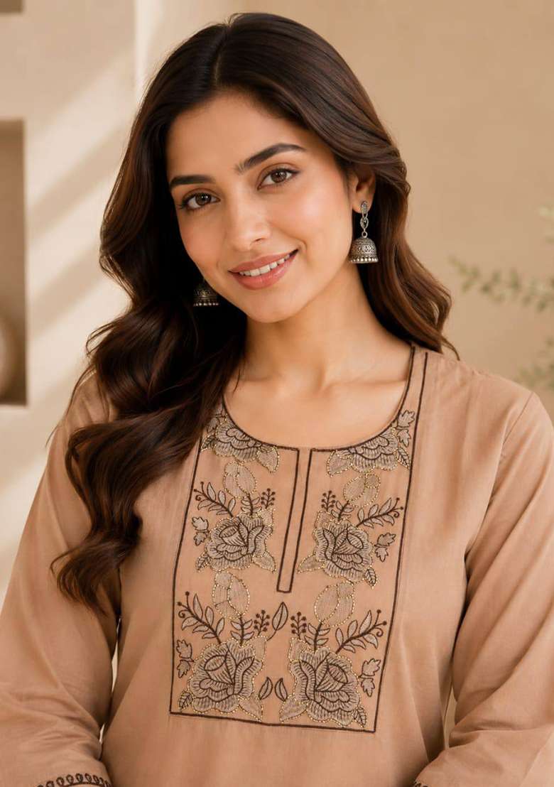 Cream Embroidery Cotton Kurta Set - Indya