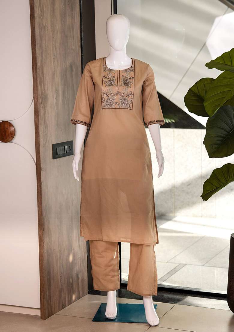 Cream Embroidery Cotton Kurta Set - Indya