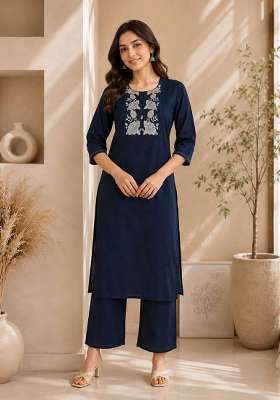 Navy Blue Embroidery Cotton Kurta Set