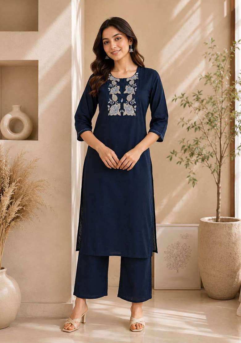Navy Blue Embroidery Cotton Kurta Set - Indya