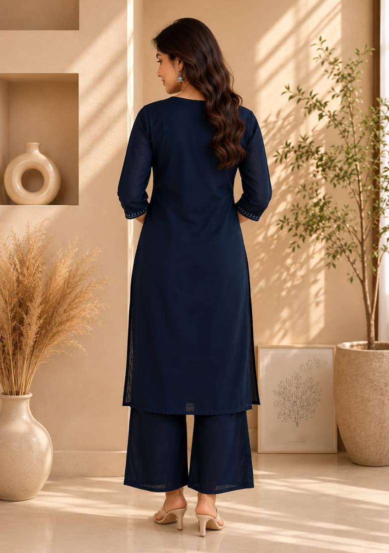 Navy Blue Embroidery Cotton Kurta Set - Indya
