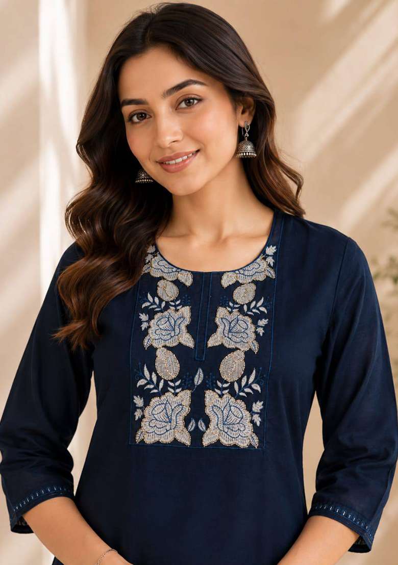 Navy Blue Embroidery Cotton Kurta Set - Indya