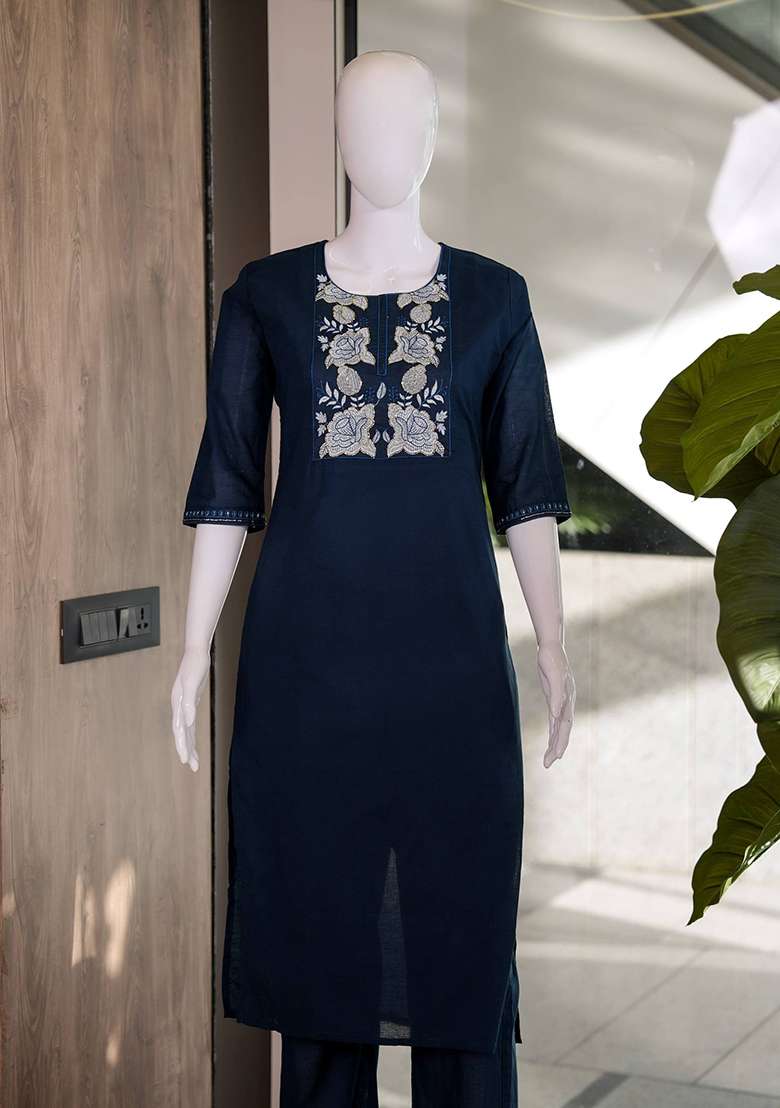 Navy Blue Embroidery Cotton Kurta Set - Indya