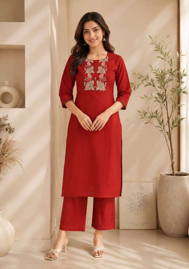 Red Embroidery Cotton Kurta Set - Indya
