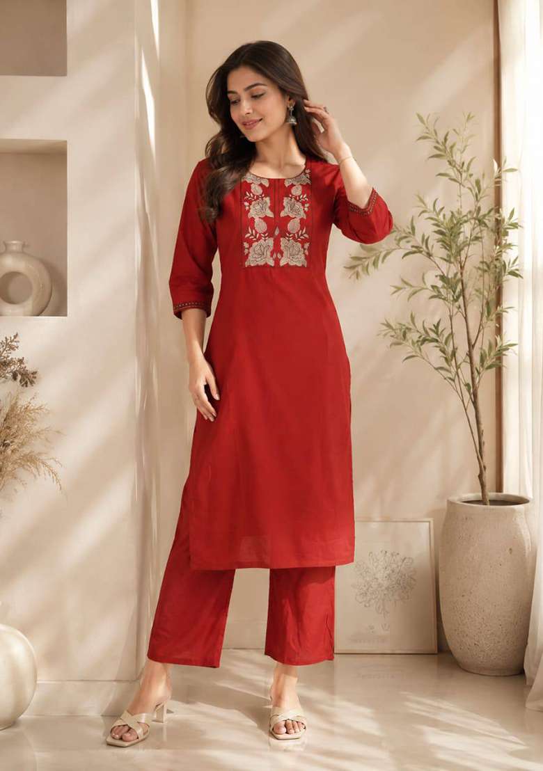 Red Embroidery Cotton Kurta Set - Indya