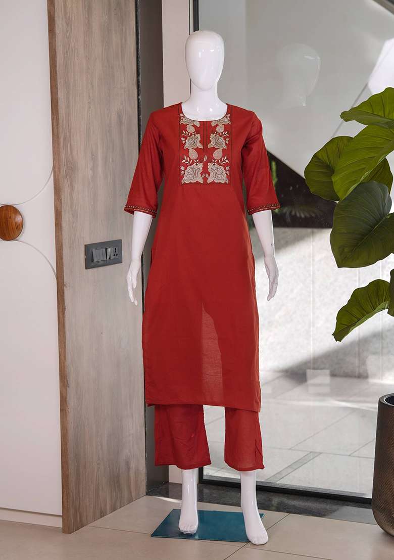 Red Embroidery Cotton Kurta Set - Indya