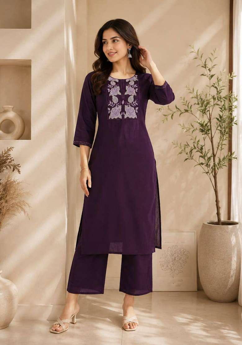 Wine Embroidery Cotton Kurta Set - Indya