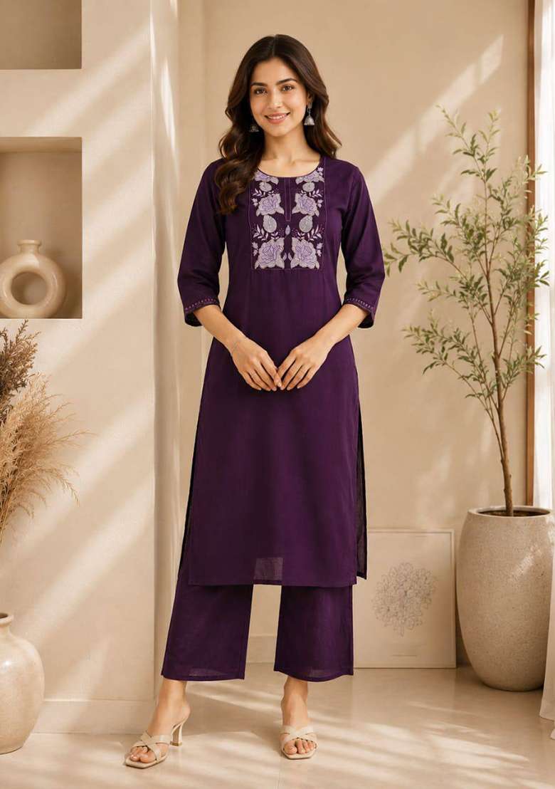 Wine Embroidery Cotton Kurta Set - Indya